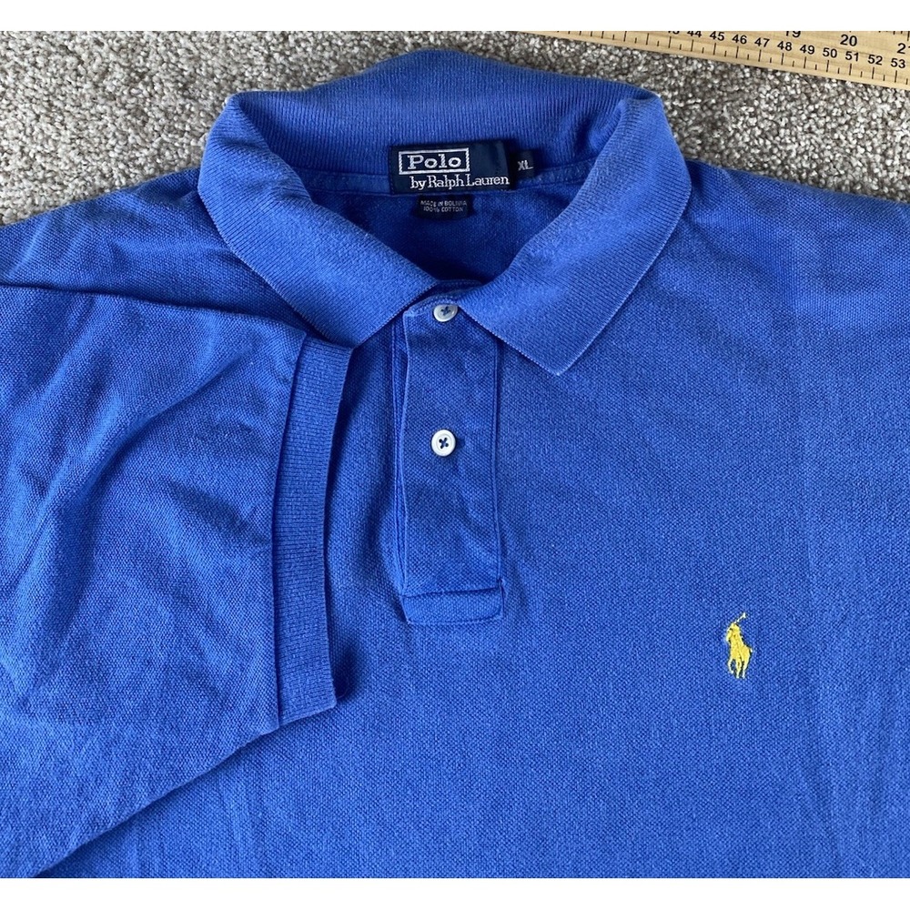 Polo Ralph Lauren Solid Blue Polo Shirt Mens XL Yellow Pony Preppy Cotton